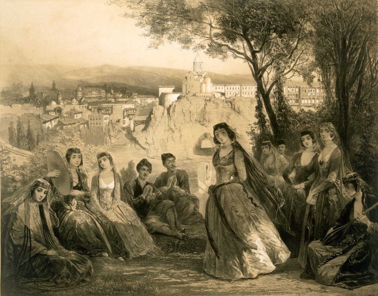अल्फ्रेड लियोन लेमिसर, पेरिस, 1847 द्वारा प्रकाशित काकेशस पर एक किताब से टिफ़लिस, जॉर्जिया, प्लेट 27 के पास गार्डन द्वारा ग्रिगोरी ग्रिगोरेविच गगारिन