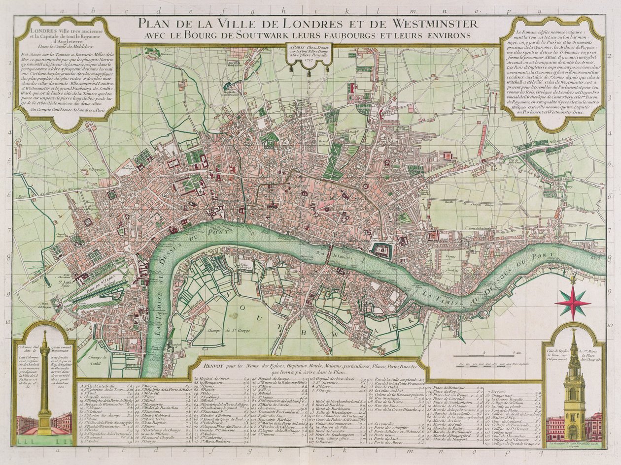 लंदन और वेस्टमिंस्टर के कस्बों की योजना, 1727 (हाथ से बने नक्काशी) द्वारा गिलयूम डनेट