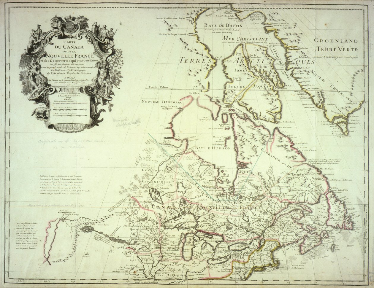 कनाडा का नक्शा, प्रकाशित पेरिस, 1703 (हाथ से रंगा हुआ उत्कीर्णन) द्वारा गिलौम डेलिसल