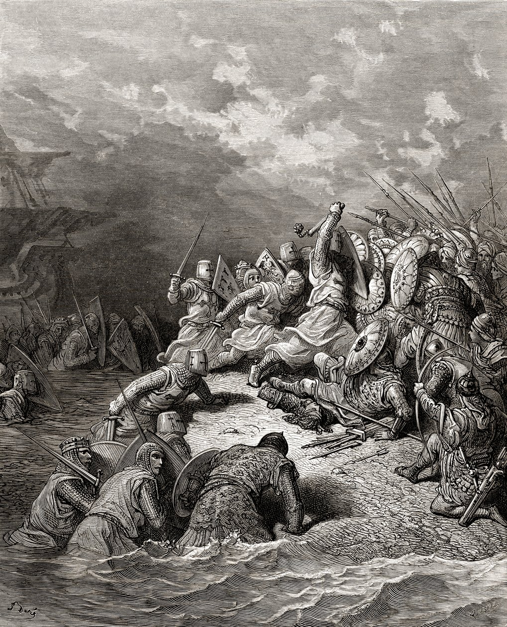 रिचर्ड I (1157-99) द लॉफ़हार्ट, जेएफए को वितरित करते हुए, जेएफ द्वारा &39;बिब्लियोथेक डेस क्राइसिड्स&39; से चित्रण। मिचौड, 1877 द्वारा गुस्ताव डोर