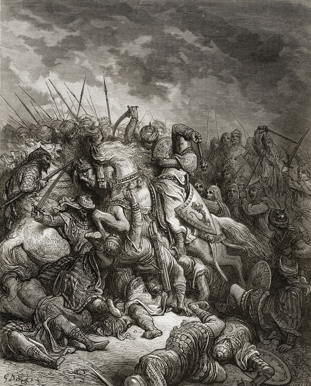 रिचर्ड I (1157-99) 1191 में अर्सुफ़ में लड़ाई में लायनहार्ट, जेएफ द्वारा &39;बिब्लियोथेक डेस क्राइसिड्स&39; से दृष्टांत मिचौड, 1877 द्वारा गुस्ताव डोर