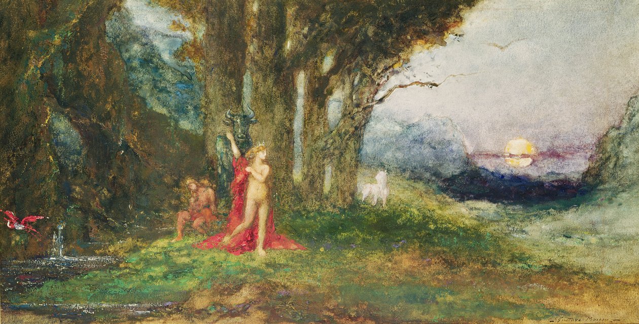 पसिफ़े और बुल, c.1876-80 (कागज पर डब्ल्यूसी गौचे द्वारा गुस्तावे मोरो