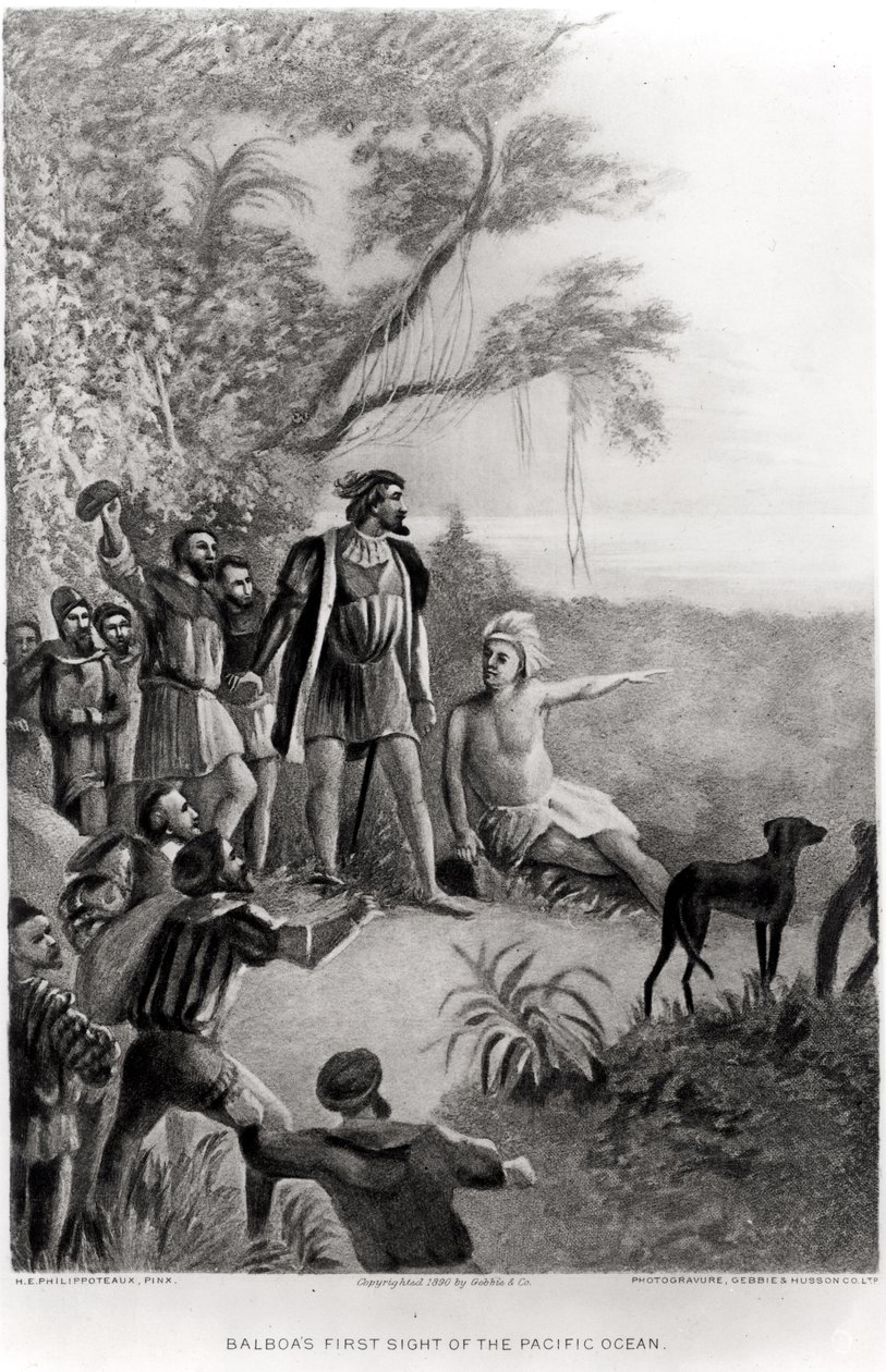 प्रशांत महासागर के बाल्बोआ का पहला दृश्य, 25 सितंबर 1513, &39;द अमेरिकन कॉन्टिनेंट एंड इट्स इंबेटेंट्स फ्रॉम द डिस्कवरी बाय कोलंबस बाय&39;, 1890 द्वारा वह फिलिपोटॉक्स