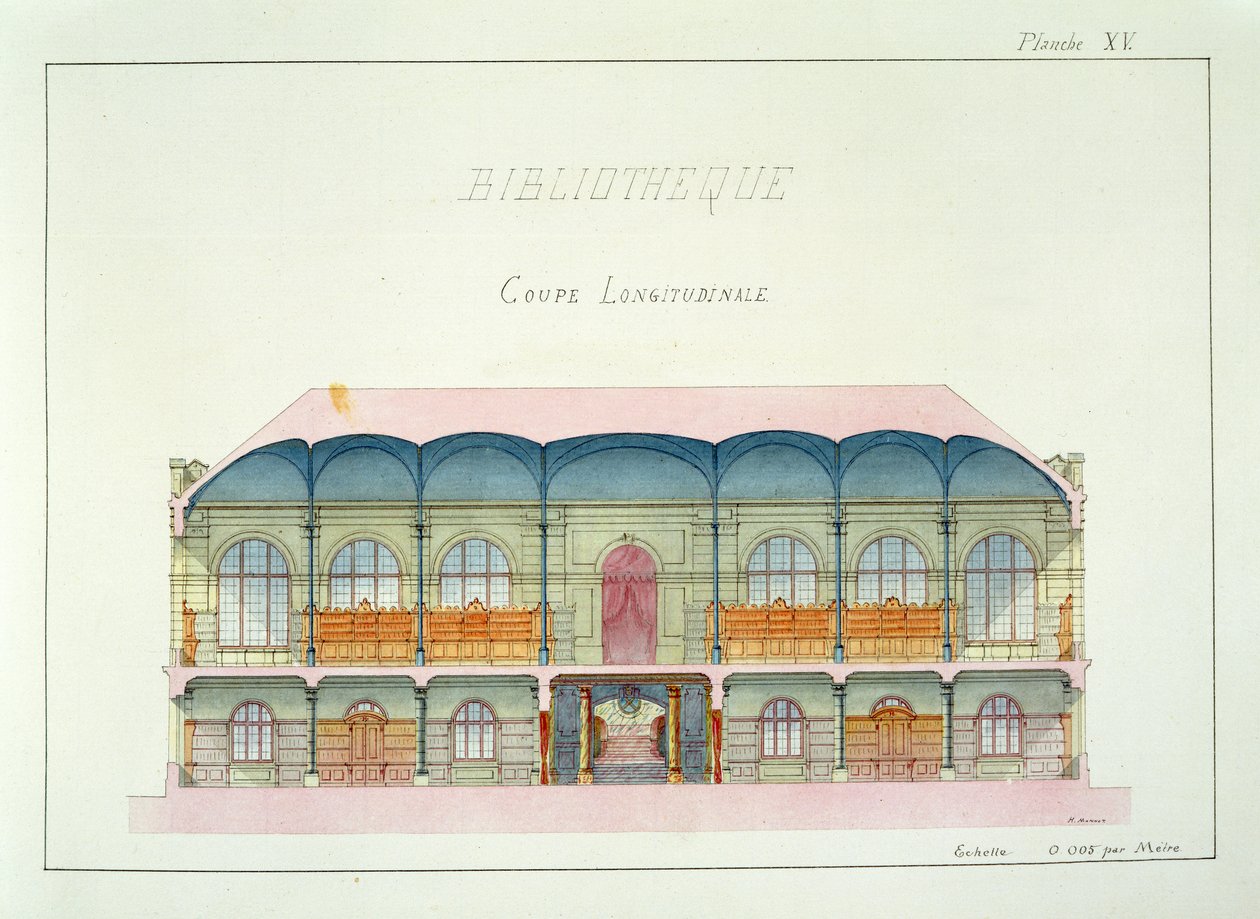 लाइब्रेरी के क्रॉस सेक्शन, डिजाइनों के एक फोलियो से प्लेट XV, c.1870 द्वारा एच। मोननॉट