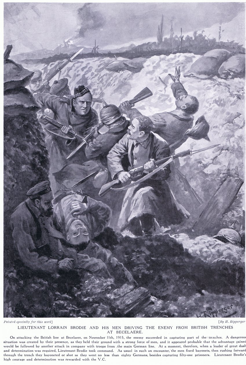 लेफ्टिनेंट लोरेन ब्रॉडी ने नवंबर 1915 में बेकेलेयर में ब्रिटिश खाइयों से दुश्मन को चलाने के लिए एक वीसी जीता द्वारा एच। खूनी