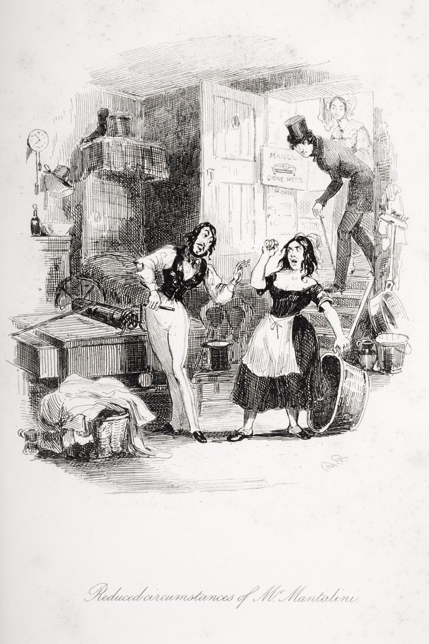 मिस्टर मेंटलिनी की कम हुई परिस्थितियाँ, चार्ल्स डिकेंस (1812-70) द्वारा `निकोलस निकोबेल &39;का चित्रण द्वारा हबलोत नाइट ब्राउन