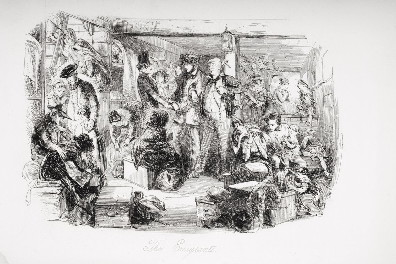 चार्ल्स डिकेंस (1812-70) द्वारा &39;डेविड कॉपरफील्ड&39; का चित्रण द इमिग्रेंट्स, पहली बार 1850 (लिथो) प्रकाशित द्वारा हबलोत नाइट ब्राउन