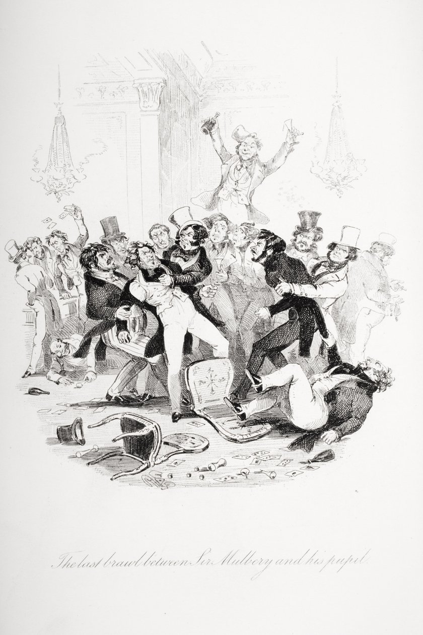 सर मुलबेरी और उनके शिष्य के बीच आखिरी विवाद, चार्ल्स डिकेंस (1812-70) द्वारा `निकोलस निकोबेल &39;से चित्रण 1839 प्रकाशित (249149 भी देखें) द्वारा हबलोत नाइट ब्राउन