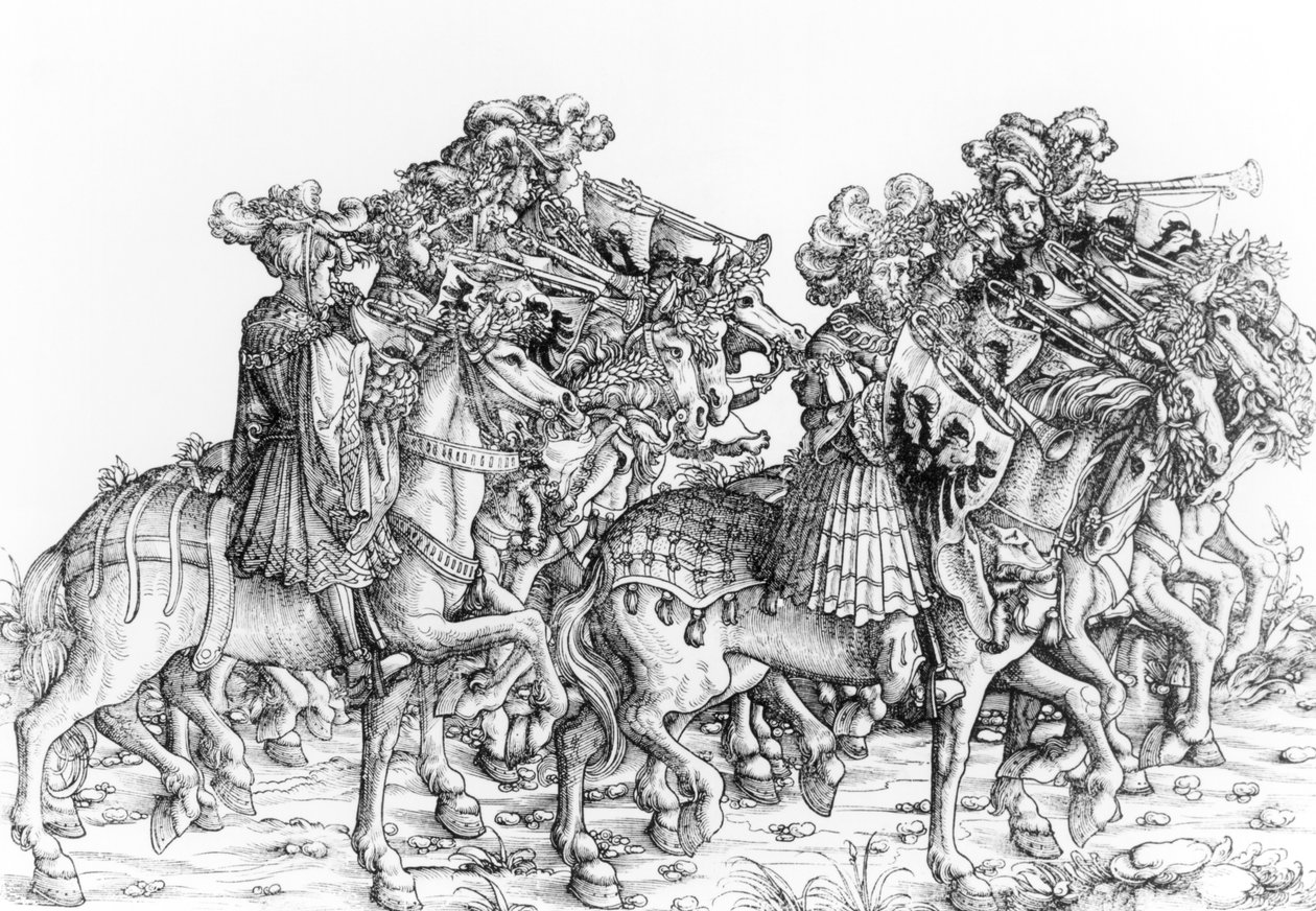 घुड़सवार ट्रम्पेटर्स का एक समूह, &39;मैक्सिमिलियन ट्रम्पल जुलूस&39; से, c.1516-18 द्वारा हंस बर्गकमेयर