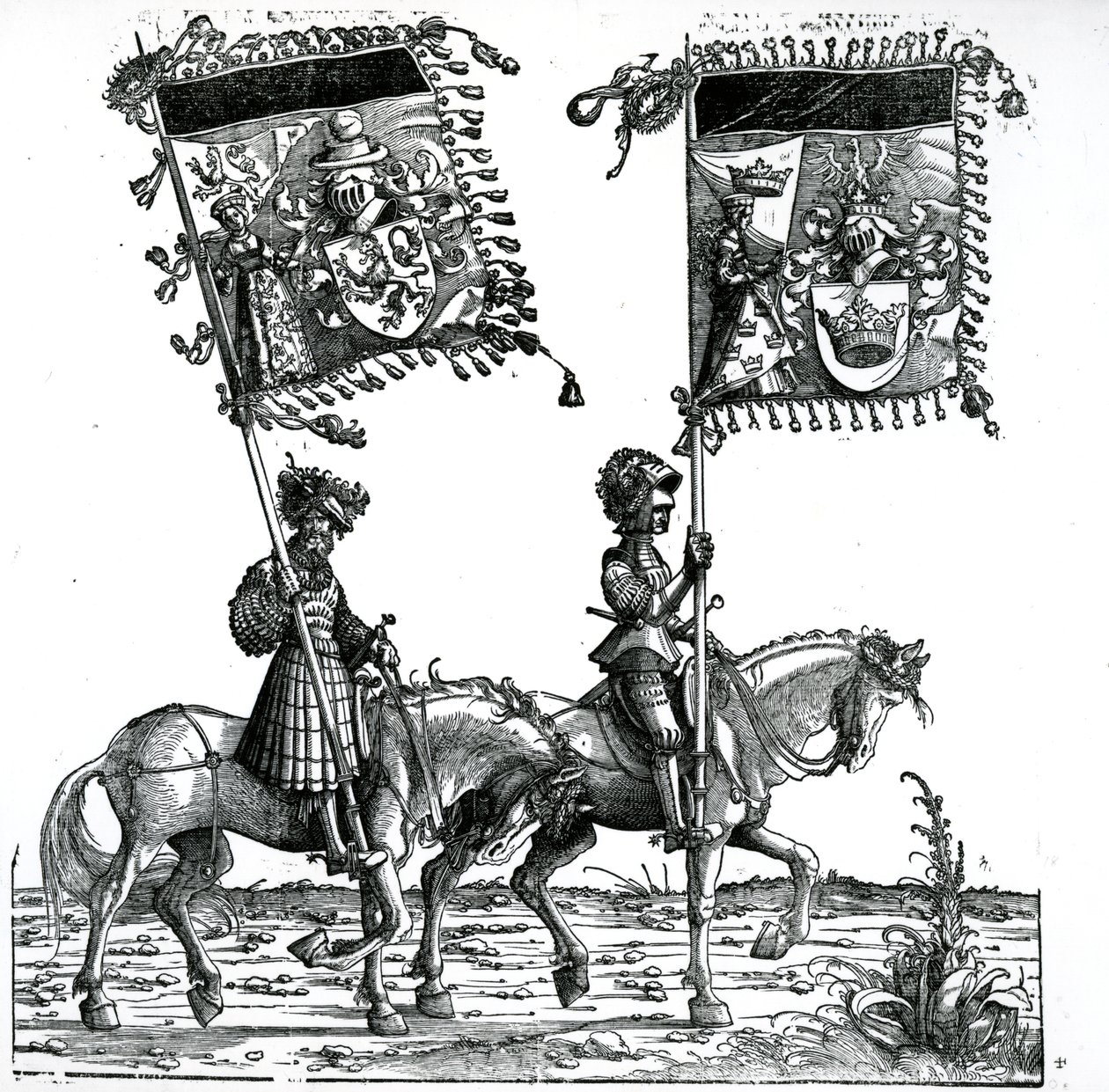 दो शूरवीरों, सम्राट मैक्सिमिलियन I के विजयी जुलूस से, c.1517 द्वारा हंस बर्गकमेयर