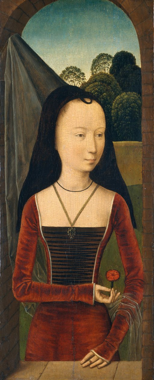 एक गुलाबी के साथ युवा महिला, ca. 1485-1490। द्वारा हंस मेमलिंग