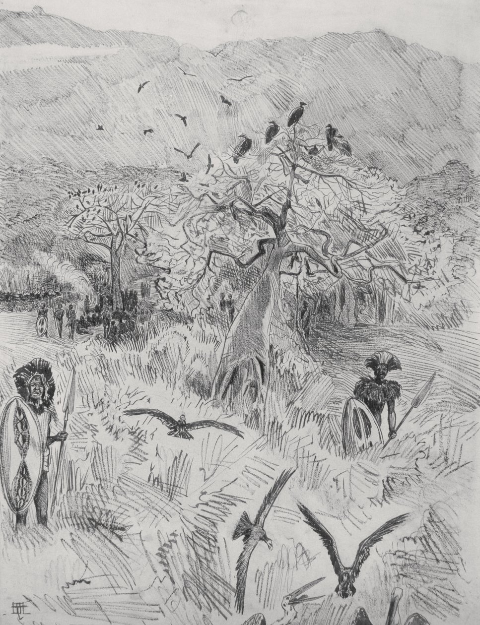 मसाई कैंप, c.1884 (कागज पर कलम) द्वारा हैरी हैमिल्टन जॉनसन