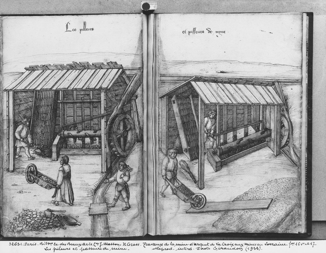 La Croix-aux-Mines, Lorraine, fol.16v और fol.17r की सिल्वर खान, अयस्क को कुचलने और धोने के लिए, c.1530 (कागज पर पेन und स्याही und wc) द्वारा हेनरिक ग्रॉस या ग्रॉफ़