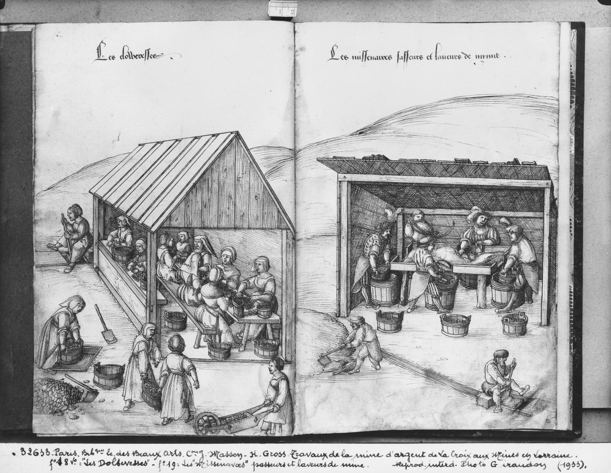 La Croix-aux-Mines, Lorraine, fol.18v और fol.19 की सिल्वर खान, अयस्क की छंटाई और धुलाई, c.1530 (कागज पर पेन und स्याही und wc) द्वारा हेनरिक ग्रॉस या ग्रॉफ़