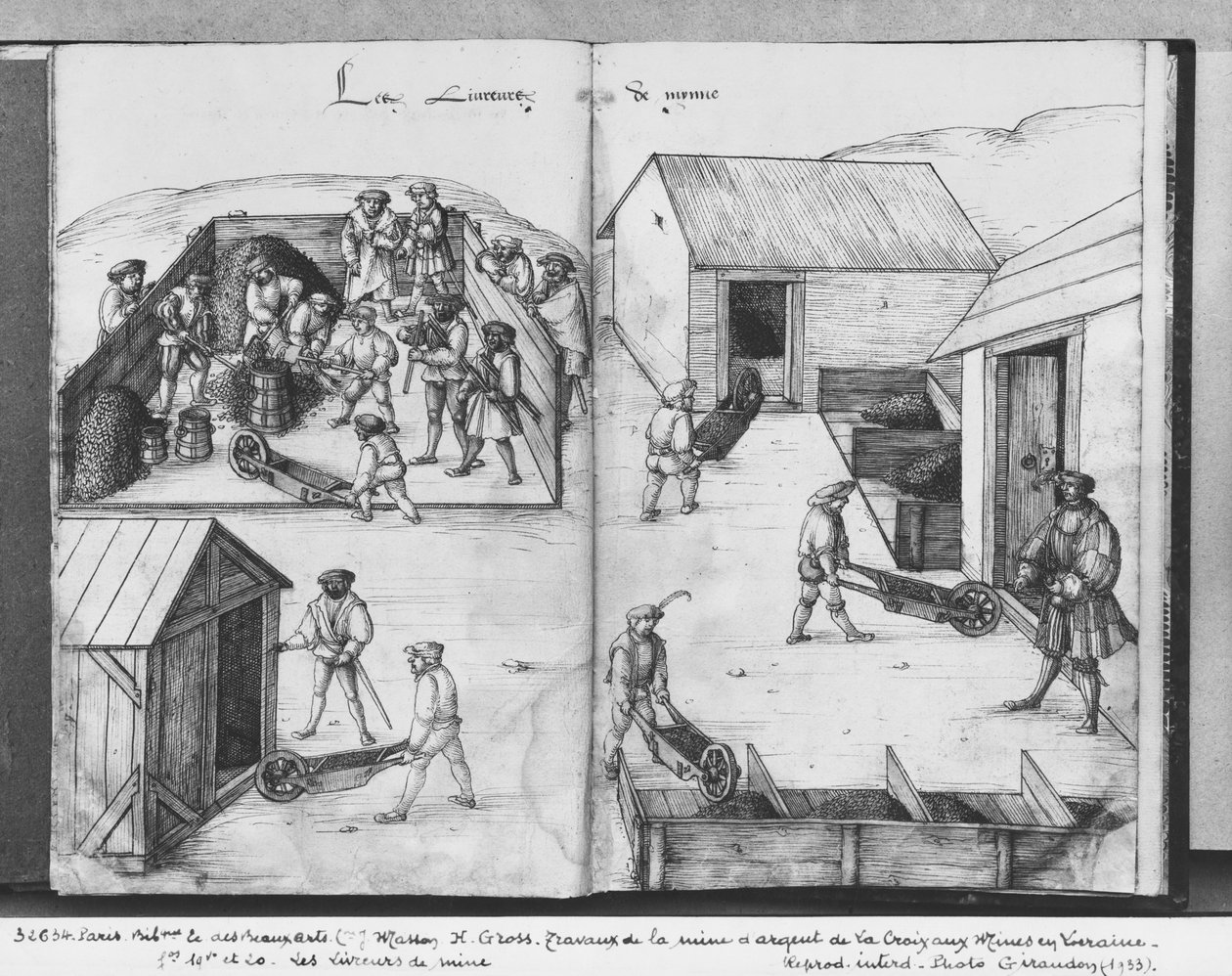 La Croix-aux-Mines, Lorraine, fol.19v और fol.20r की चाँदी की खान, अयस्क की डिलीवरी, c.1530 (कागज पर पेन und स्याही und wc) द्वारा हेनरिक ग्रॉस या ग्रॉफ़