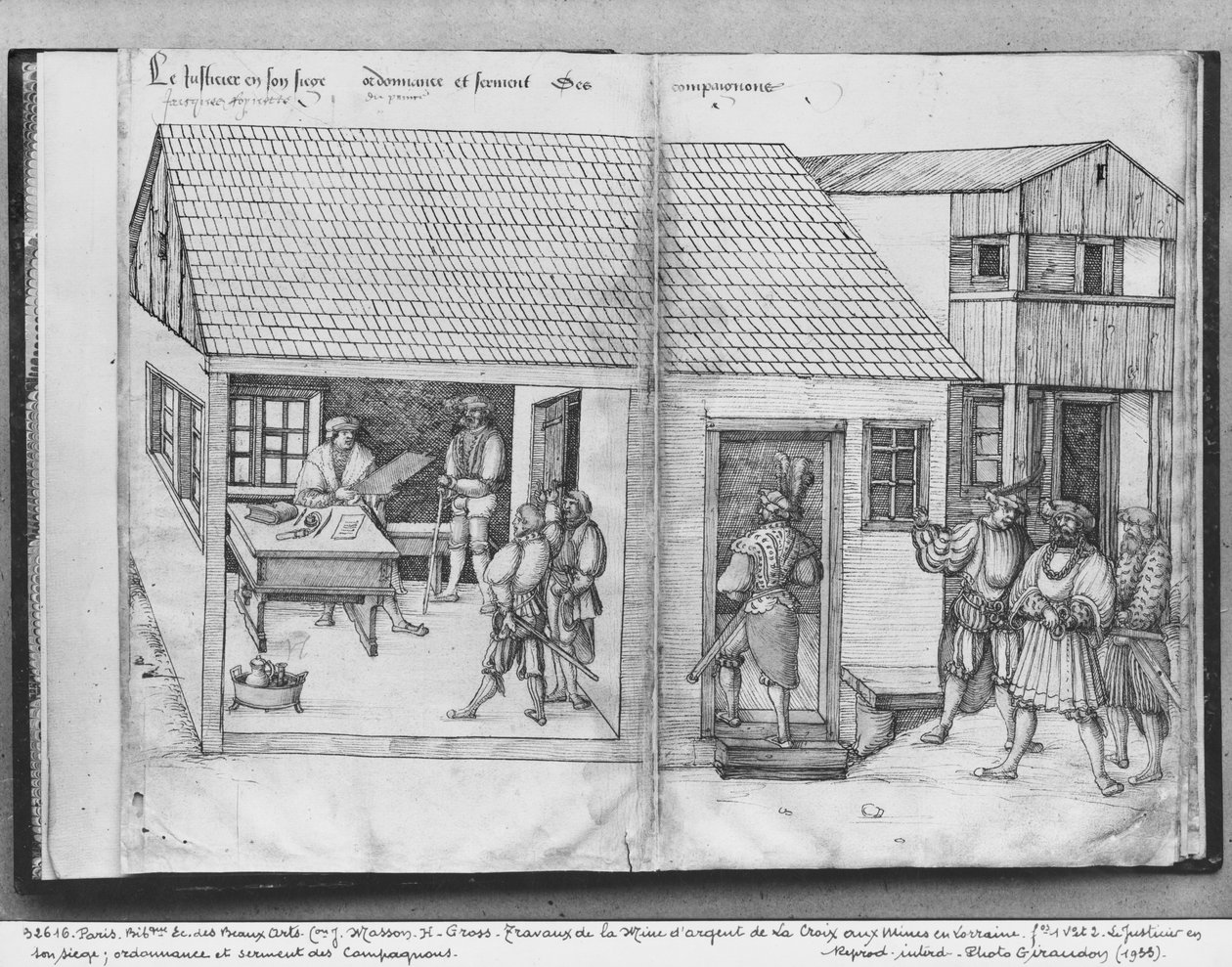 La Croix-aux-Mines, Lorraine, fol.1v और fol.2 की चांदी की खान, खानों के न्यायाधीश, साथियों की शपथ और शपथ, c.1530 (कागज पर पेन und ink und wc) द्वारा हेनरिक ग्रॉस या ग्रॉफ़