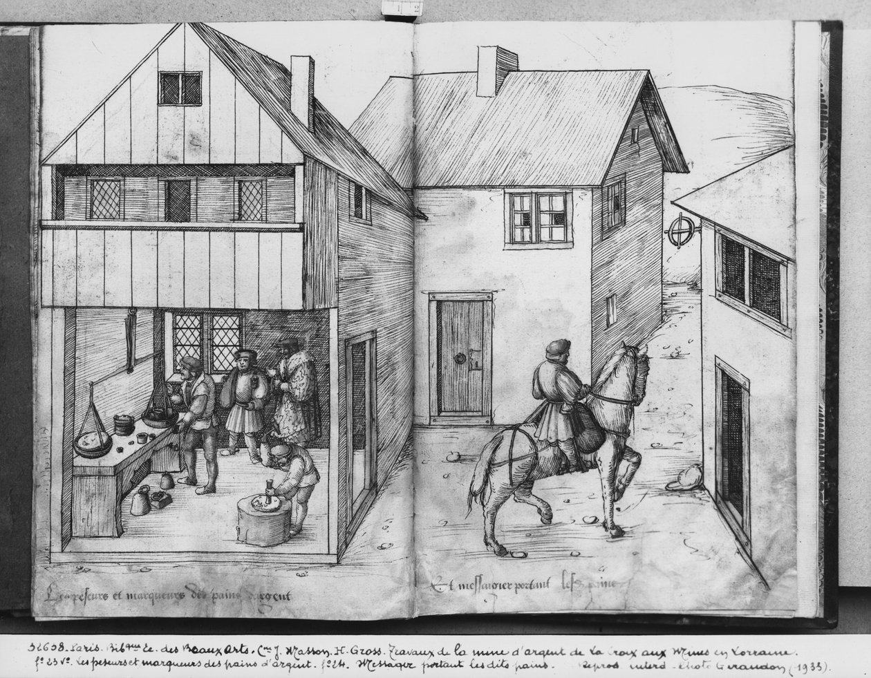 La Croix-aux-Mines, Lorraine, fol.23v और fol.24r की रजत खदान, सिल्ल सिल्ल सिल्लियों का वजन और मोहर लगाना, सिल्लियां ले जाने वाला एक संदेशवाहक, c.1530 (कागज पर पेन und स्याही und wc) द्वारा हेनरिक ग्रॉस या ग्रॉफ़
