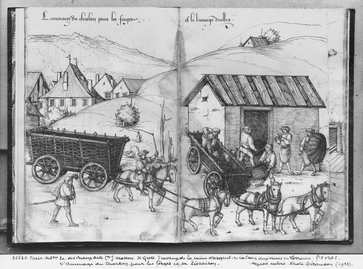 La Croix-aux-Mines, Lorraine, fol.5v और fol.6r की चांदी की खान, फोर्जिंग के लिए कोयले का परिवहन और वितरण, c.1530 (कागज पर पेन und स्याही und wc) द्वारा हेनरिक ग्रॉस या ग्रॉफ़