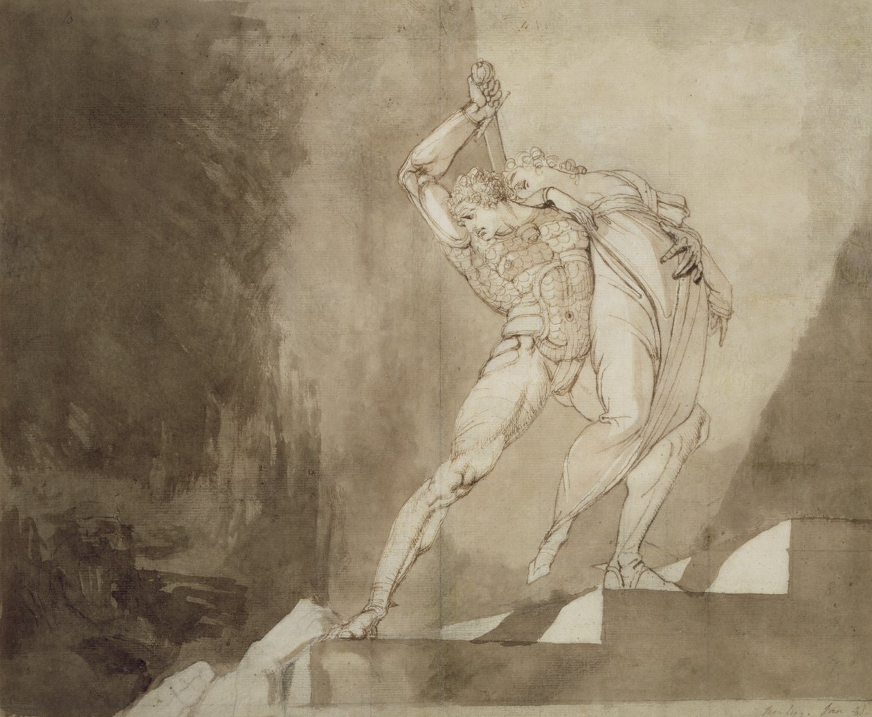 एक योद्धा, एक महिला को बचाया, 1780-85 (कागज पर कलम, स्याही और धो) द्वारा जोहान हेनरिक फुसली