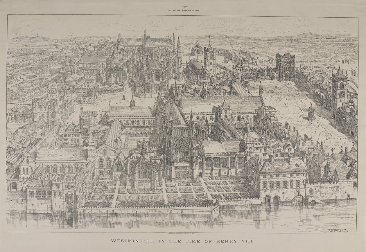 हेनरी VIII, 1884 के समय में वेस्टमिंस्टर एब्बे और वेस्टमिंस्टर के पैलेस का हवाई दृश्य द्वारा हेनरी विलियम ब्रेवर