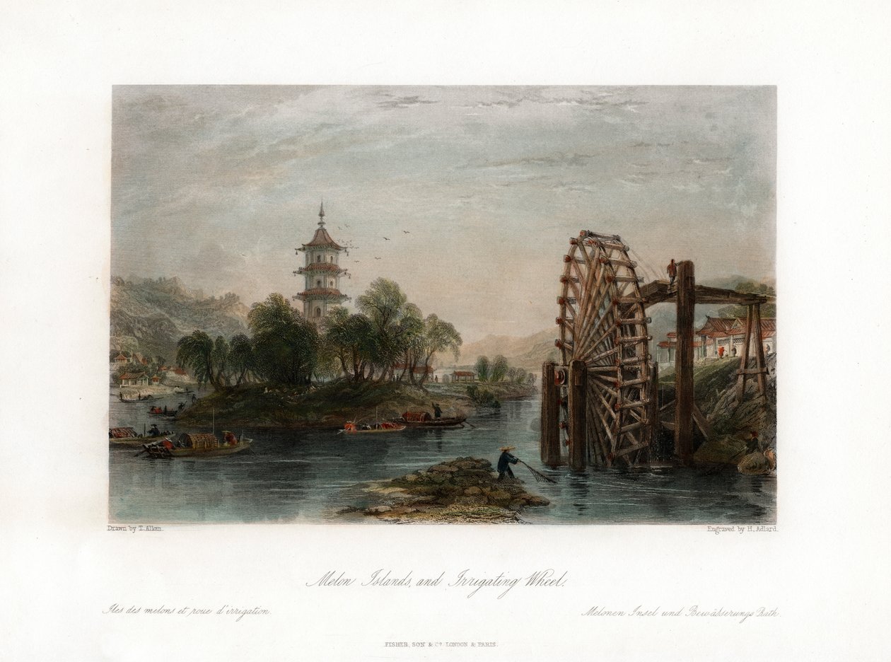 मेलन आइलैंड्स, और इरिगेटिंग व्हील, चीन, c1840। द्वारा हेनरी एडलार्ड