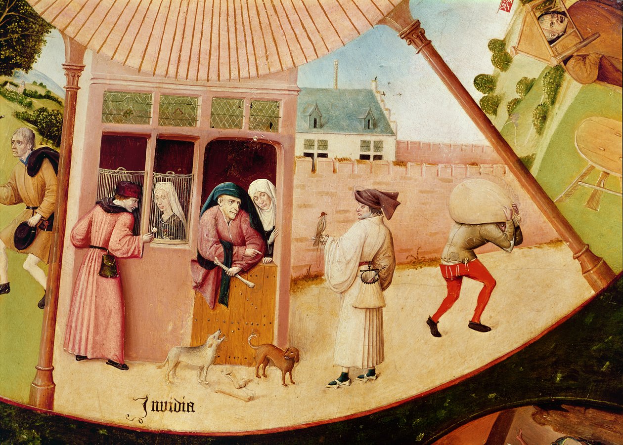 ईर्ष्या, सात घातक पापों की तालिका और चार अंतिम बातों से विस्तार, c.1480 द्वारा हिरेमस बॉश