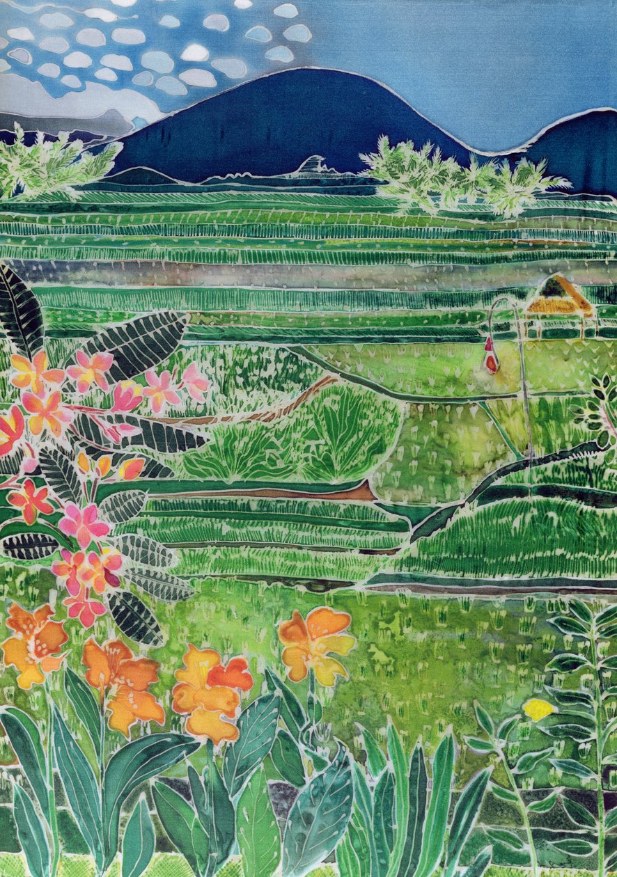 Lovina Ricefields with Lilly and Frangipani, बाली, 1996 (रेशम पर रंगीन स्याही) द्वारा हिलेरी सिमोन