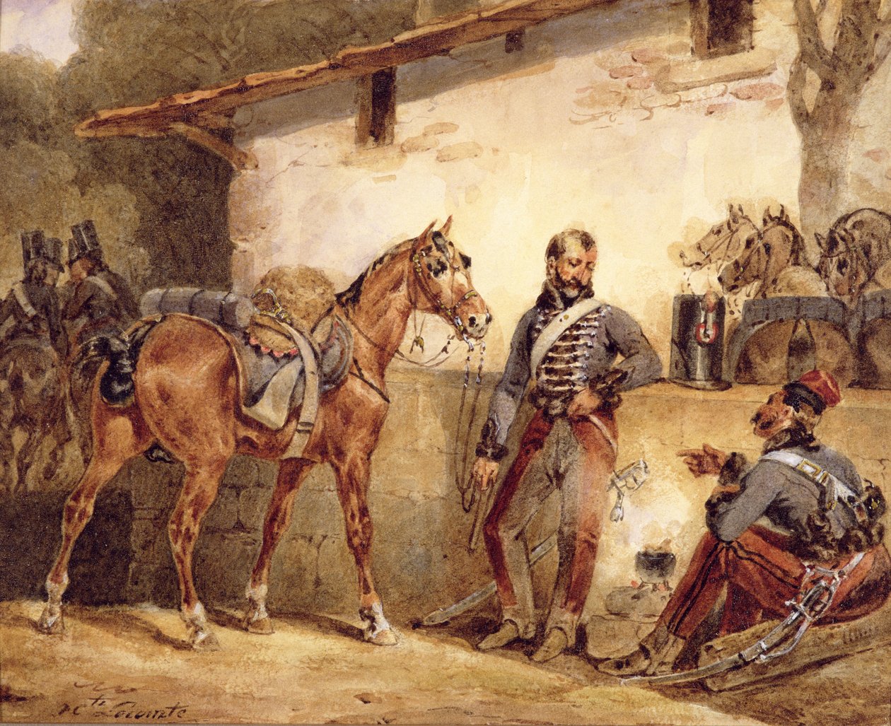 फ्रांसीसी सैनिक विश्राम, 1831 (कागज पर wc und gouache) द्वारा Hippolyte Lecomte