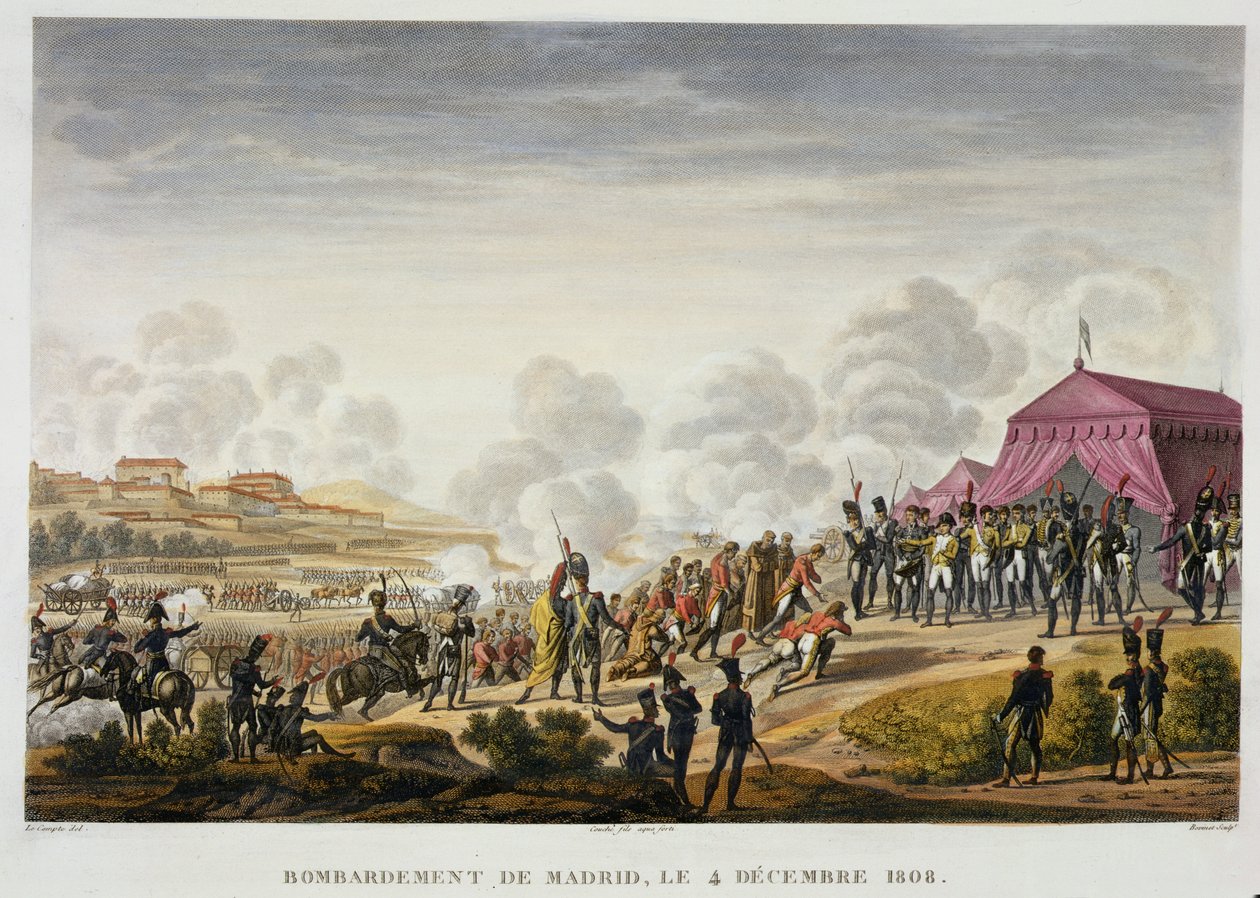 मैड्रिड की बमबारी, 4 दिसंबर 1808, एडमे बोविनेट (1782-1832) (एक्वाटि) द्वारा उत्कीर्ण द्वारा Hippolyte Lecomte
