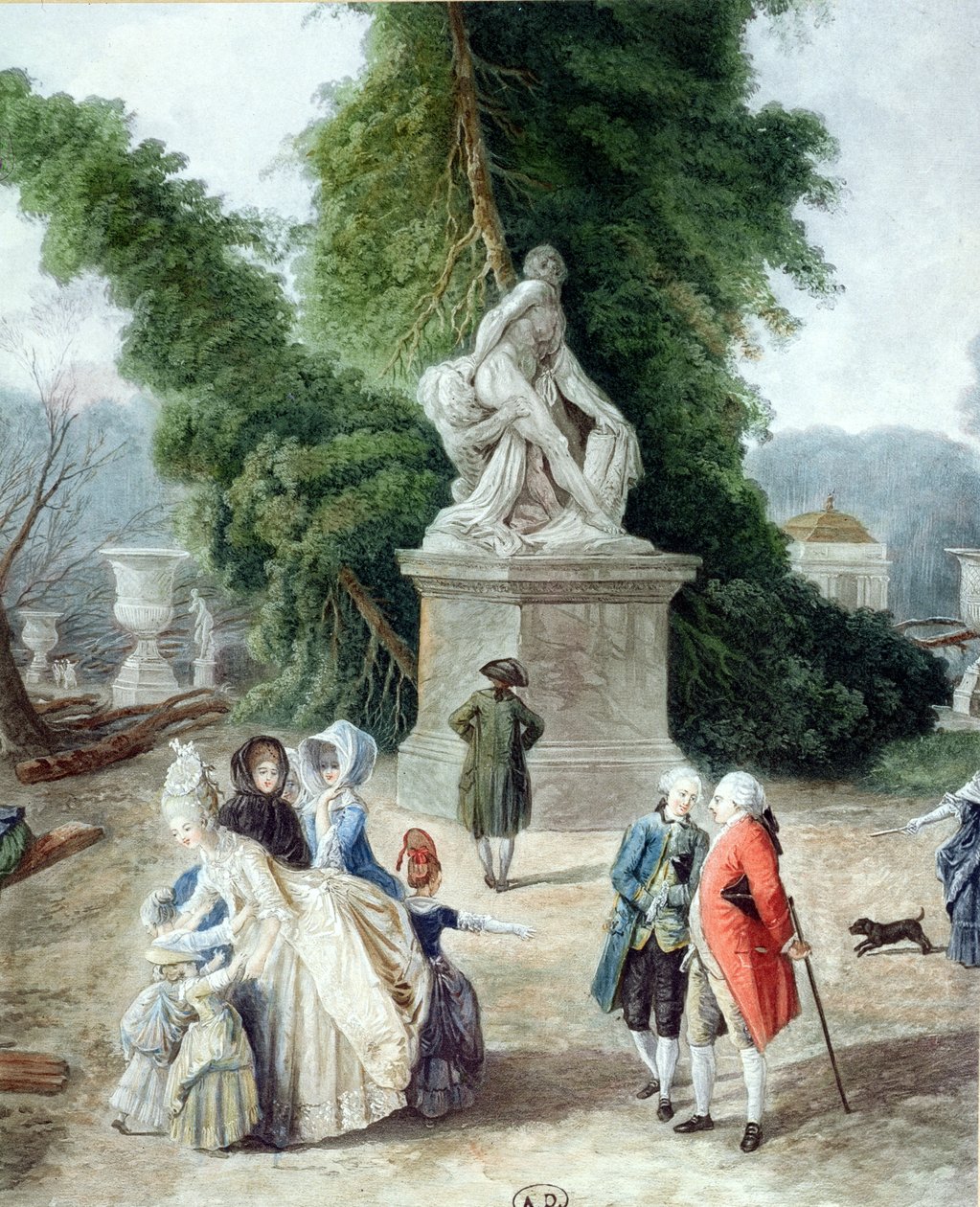लुइस XVI (1754-1793) और मैरी-एंटोनेट (1755-1793) वर्साय के गार्डन में टेपिस वर्ट के प्रवेश पर, 1775 (रंग उत्कीर्णन) (विस्तार) द्वारा ह्यूबर्ट रॉबर्ट