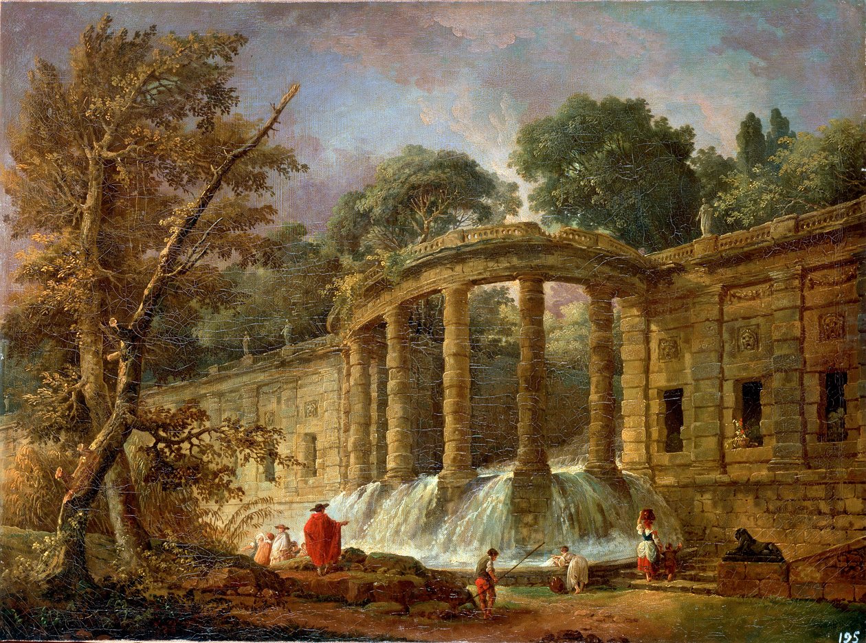 कैस्केड के साथ मंडप, 1760। द्वारा ह्यूबर्ट रॉबर्ट
