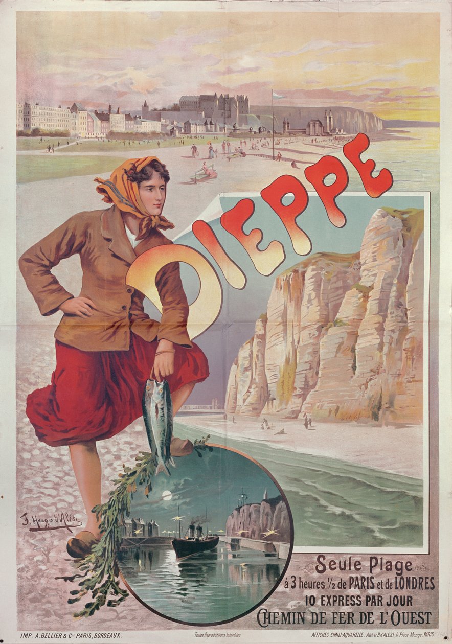 फ्रांसीसी रेलवे पोस्टर, Dieppe के आकर्षणों का विज्ञापन करता है, c.1896 द्वारा ह्यूगो dAles