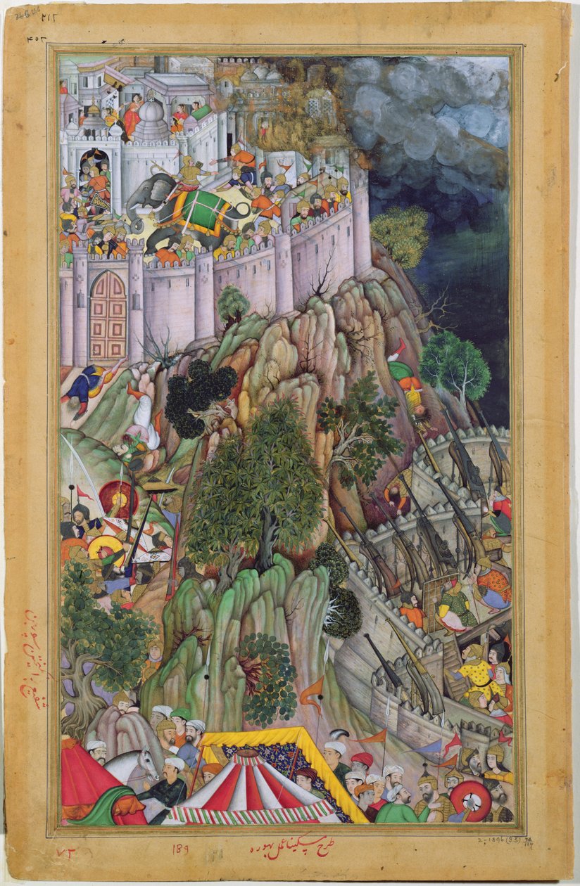 1569 में, अकबरनामा, मुगल, c.1590-95 (कागज पर अपारदर्शी wc और सोना) से, राजस्थान में रणथंभौर के राय सुरजन हाडास किले के पास अकबर की सेना द्वारा इंडियन स्कूल