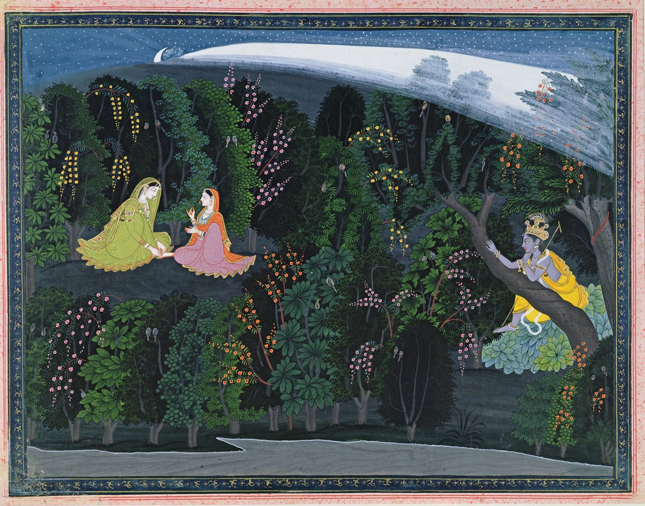 राधा पर कृष्ण ने लंबे समय तक काम किया, लुम्बाग्रान गीता गोविंदा श्रृंखला से चित्रण, c.1820-25 (कागज पर अपारदर्शी wc और सोना) द्वारा इंडियन स्कूल