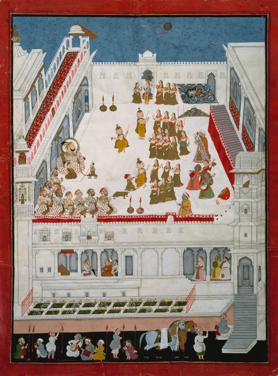 महाराणा जगत सिंह II और नोबल्स रासलीला नृत्य नाटिका देख रहे हैं, c.1736-40 (कागज पर अपारदर्शी wc और सोना) द्वारा इंडियन स्कूल