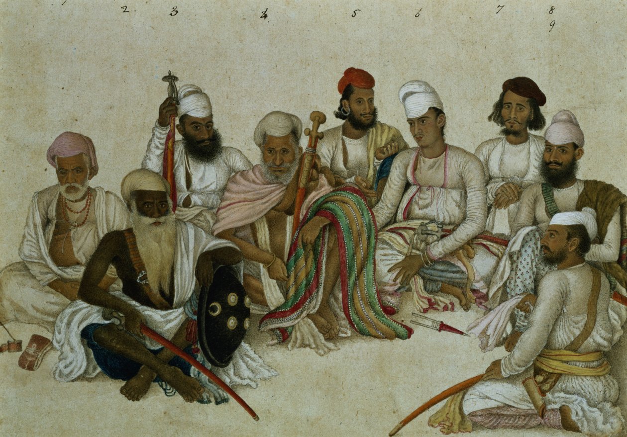 राजा पटियाला के नौ दरबारियों और नौकरों, c.1817 (कागज पर पेंसिल und gouache द्वारा इंडियन स्कूल
