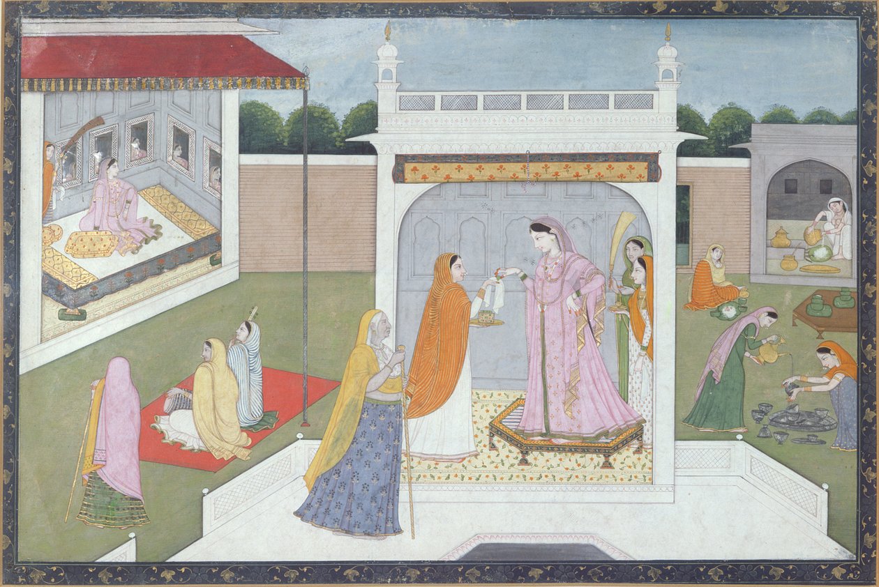 पैलेस लेडी अपने नौकरानियों के साथ, कांगड़ा, c.1790 द्वारा इंडियन स्कूल