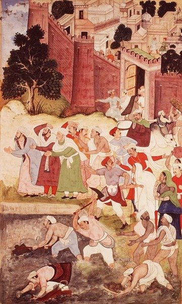 अकबरनामा, मुगल, 1590-95 (कागज पर अपारदर्शी wc और सोना) से नागौर के पास कुकुर तलाओ का शुद्धिकरण द्वारा इंडियन स्कूल
