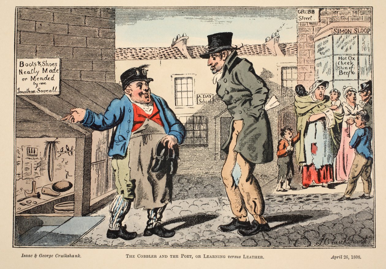 कोब्बलर एंड पोएट, या लर्निंग बनाम लेदर, 1808 (हैंड-कलर्ड एंग्रेविंग) द्वारा इसहाक, रॉबर्ट और जॉर्ज क्रूशांक