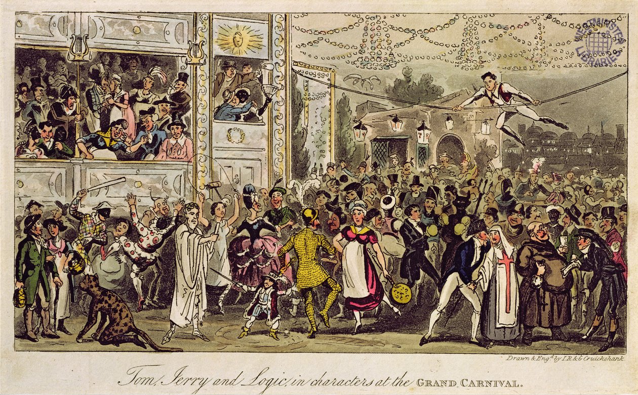 टॉम, जेरी और लॉजिक एट द ग्रांड कार्निवल में पियर्स एगन, 1821 (रंगीन जलीय) द्वारा &39;लाइफ इन लंदन&39; द्वारा इसहाक, रॉबर्ट और जॉर्ज क्रूशांक