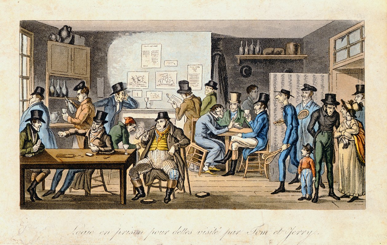 पियर्स एगन, 1821-22 (रंगीन एक्वाटिंट) द्वारा &39;लाइफ़ इन लंदन&39; से टॉम और जेरी द्वारा ली जा रही एक देनदार जेल में तर्क द्वारा आइजैक रॉबर्ट क्रूइशांक