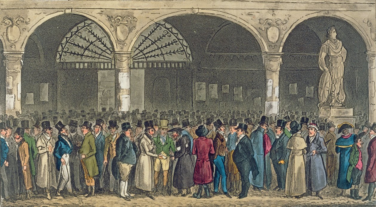 टॉम अन जैरी पियर्स एगन, 1821 (रंगीन एक्वाटिंट) द्वारा &39;लाइफ इन लंदन&39; से स्टॉक एक्सचेंज का दौरा कर रहे हैं द्वारा आइजैक रॉबर्ट क्रूइशांक