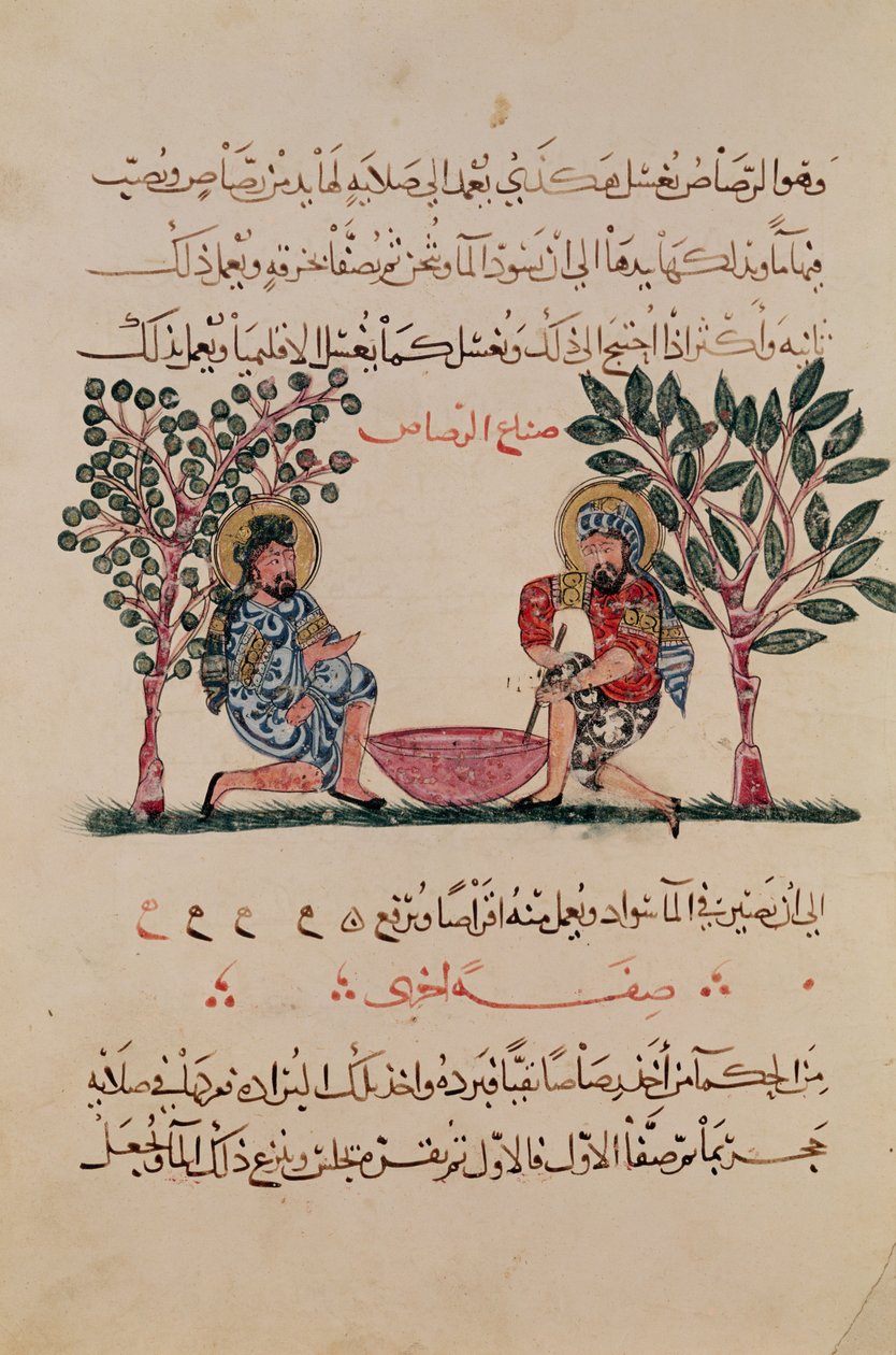 लीडिंग, पृष्ठ डायोसोराइड्स की संधि के एक अरबी संस्करण से पृष्ठ, &39;डी मटेरिया मेडिका&39;, 1222 द्वारा इस्लामी स्कूल