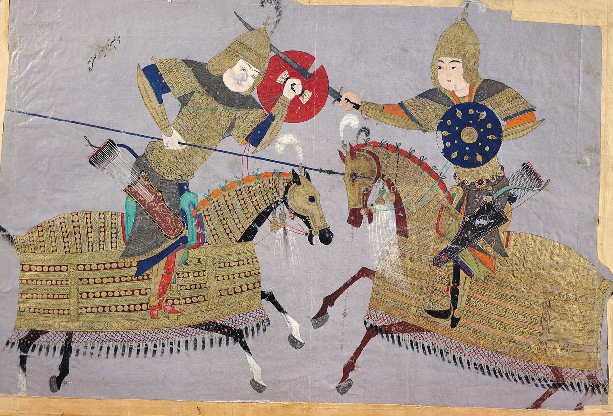 मुकाबला में घोड़े पर दो योद्धा, स्कूल ऑफ तब्रीज़, c.1480 द्वारा इस्लामी स्कूल
