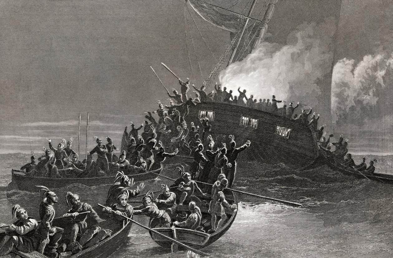 1772 में रोड आइलैंड के पानी में स्कूनर गैस्प का विनाश, जे रोजर्स द्वारा उकेरा गया द्वारा जे। मैकनीन