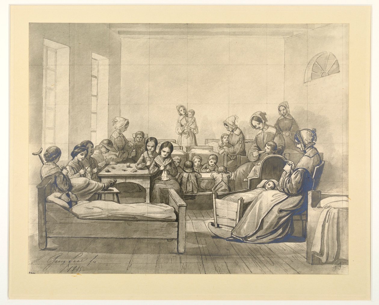 1845 में कैसरवर्थ में बच्चों और बहनों के साथ किंडर-क्रैंकन-साल, वार्ड दृश्य द्वारा जेबी विशेष देश