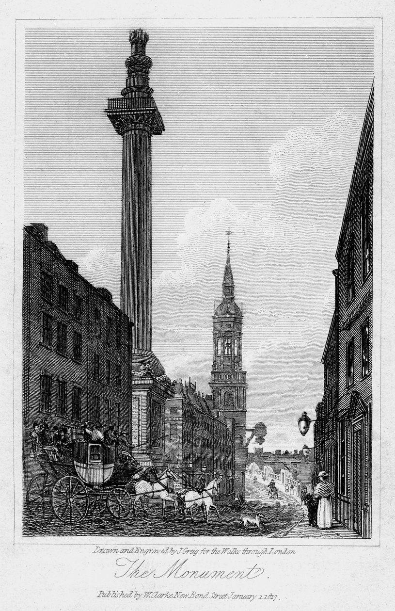 द मॉन्यूमेंट, सिटी ऑफ़ लंदन, 1817। द्वारा जे। ग्रेग