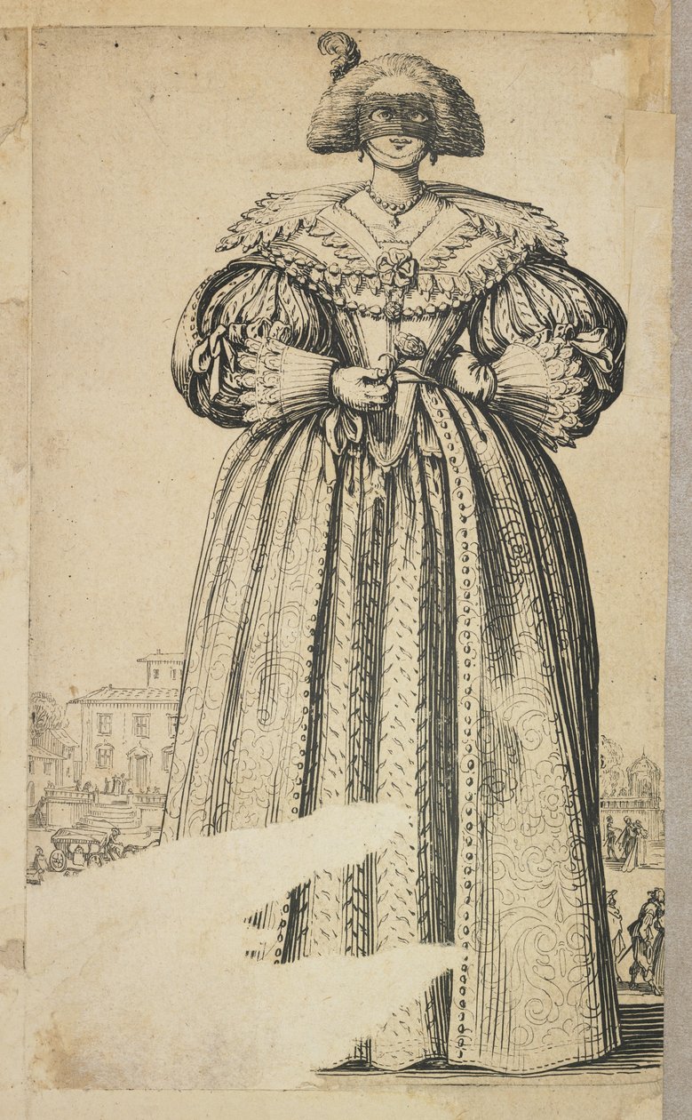 मास्केड नोबल वुमन, ला नोबलेस डे लोरेन (छंद) से, c.1620-23 द्वारा जैक्स कैलोट