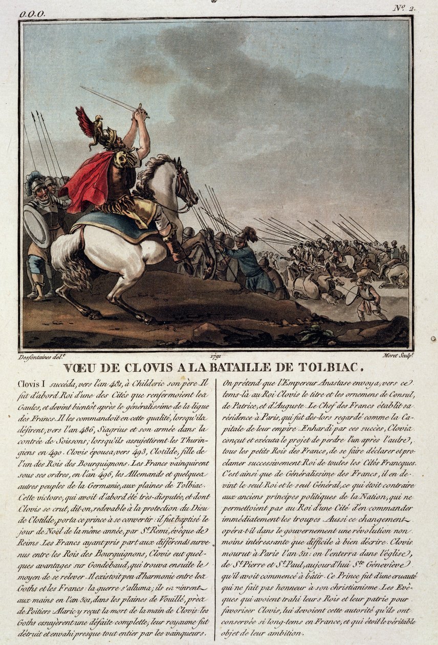 टोलबिएक की लड़ाई में क्लोविस I (c.466-511), जीन बैप्टिस्ट मोरेट (fl.1790-1820), 1791 द्वारा उत्कीर्ण 496 ई। द्वारा जैक्स फ्रेंकोइस जोसेफ स्वेबाक