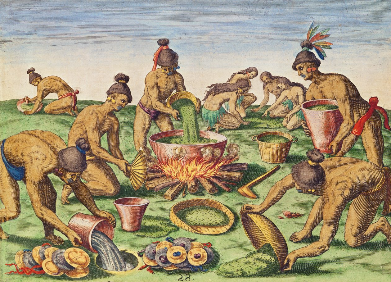 फ्रैंकफर्ट, 1591 में प्रकाशित थियोडोर डी ब्राय (1528-98) द्वारा उत्कीर्ण &39;ब्रेविस नराटियो ..&39; से एक दावत की तैयारी द्वारा जैक्स ले मोयने